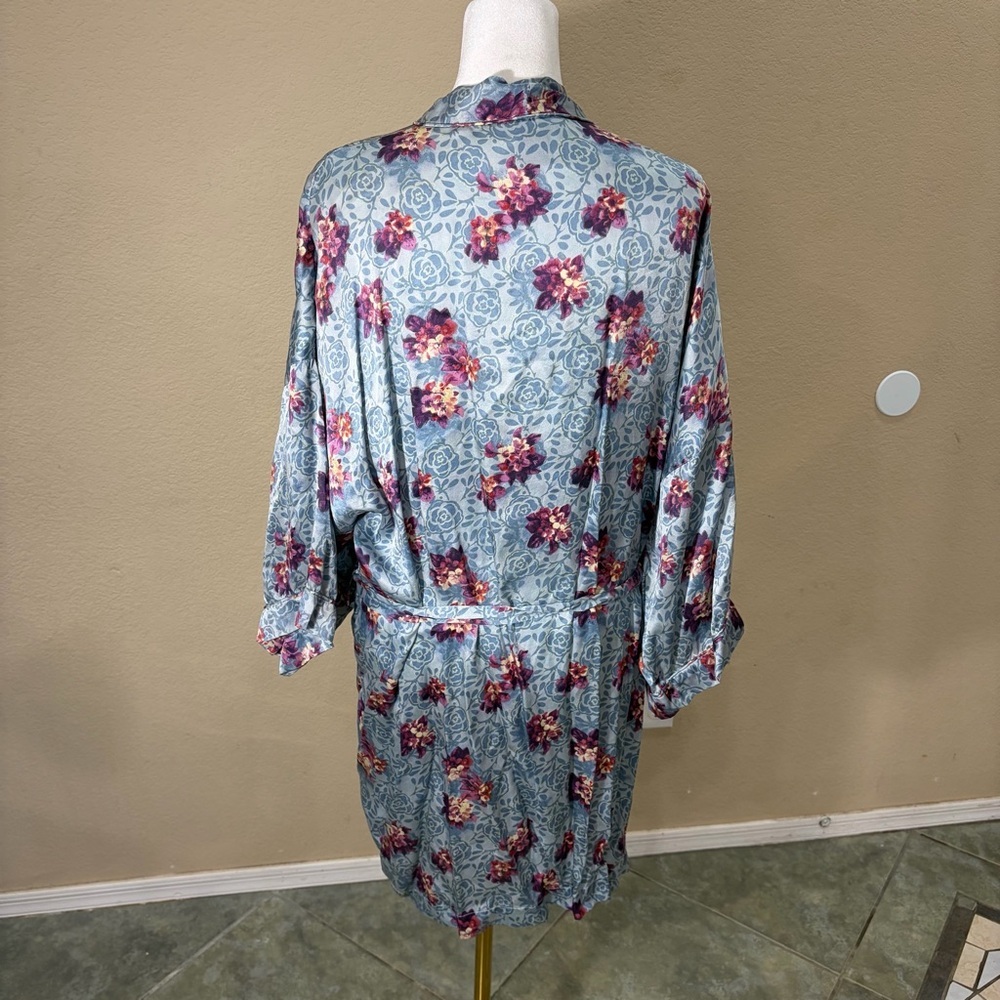 100% Silk Kimono Robe - M Blue Floral Boho Peasant Cottagecore Vacay Beachy - Picture 5 of 10